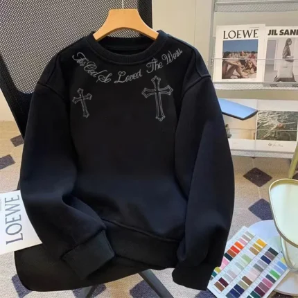 Trendy necklace cross print loose round neck sweatshirt
