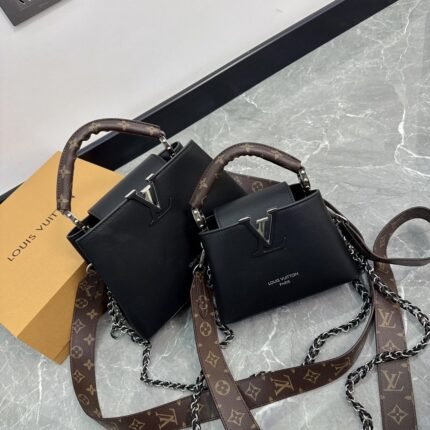 LV Capucines Lady Bag, Cowhide Gold-Buckle Hardware, Handle One-Shoulder Crossbody Bag, Folding Gift Box